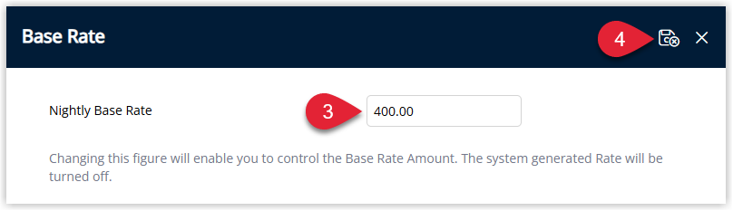 RMS sibling reservation details window with the Base Rate field updated to a new value for that single reservation within the Master, and the Save/Exit button highlighted to confirm the overridden rate.