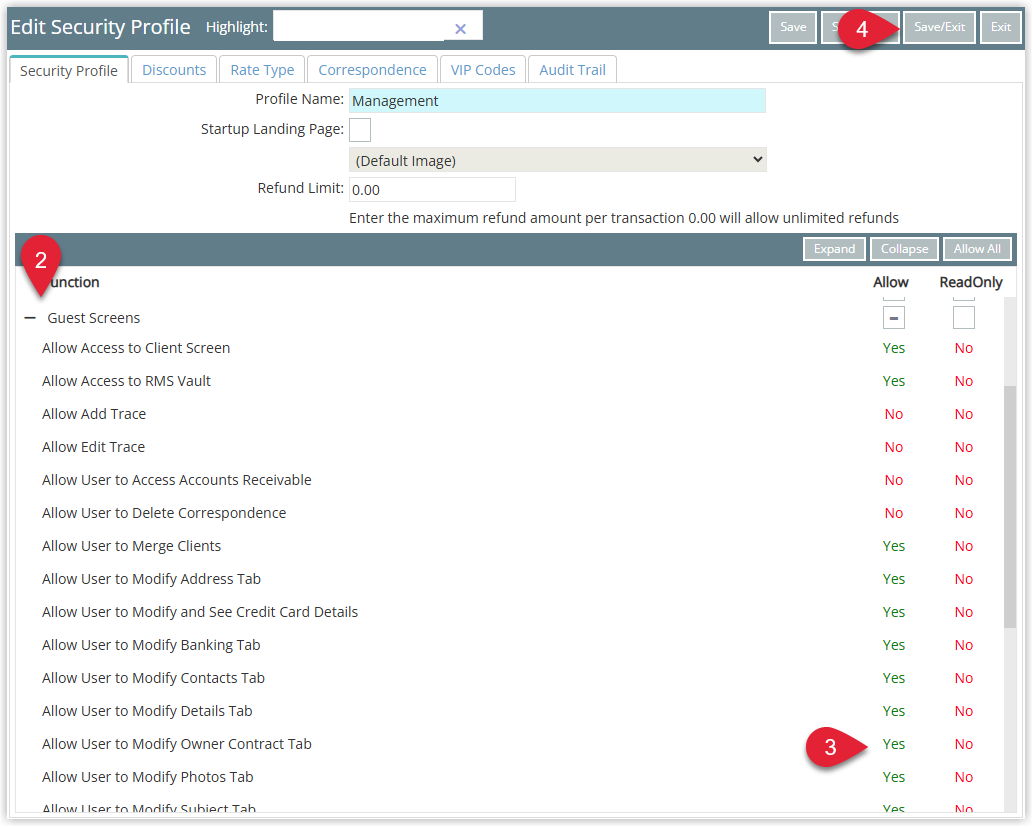 Annotated screenshot of the Edit Security Profile screen in RMS highlighting the Guest Screens function group, the Allow User to Modify Owner Contract Tab permission, and the Save and Exit icon