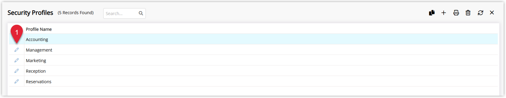 Annotated screenshot of the Security Profiles list in RMS highlighting the Edit icon next to the Accounting profile