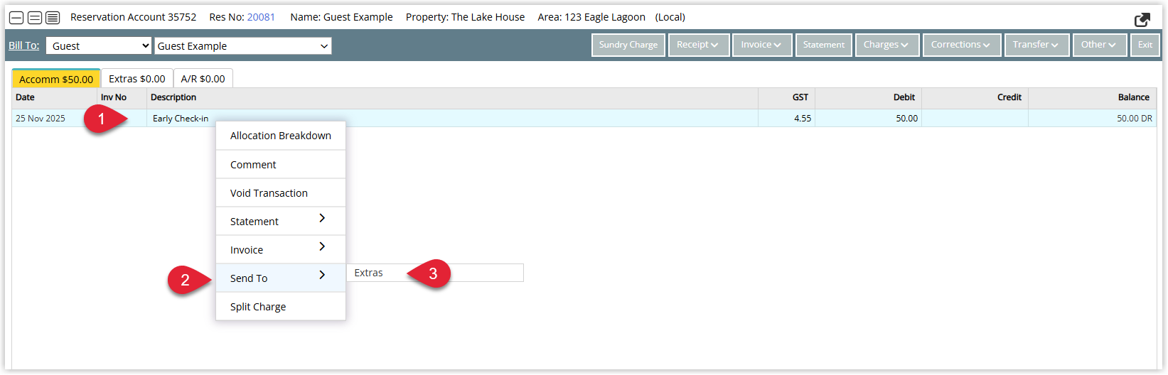 Annotated screenshot of a reservation account in RMS with the charge context menu open and Send To Extras highlighted