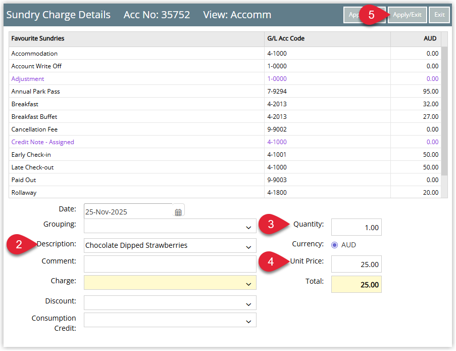 Annotated screenshot of the Sundry Charge Details screen in RMS showing the favourite sundries list with the Description, Quantity, and Unit Price fields