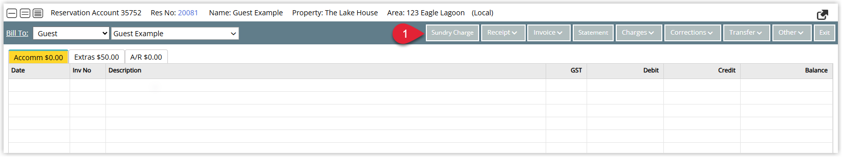 Annotated screenshot of a reservation account in RMS with the Sundry Charge button highlighted in the toolbar
