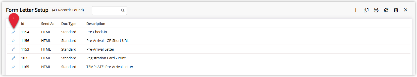 Annotated screenshot of the Form Letter Setup screen in RMS highlighting the Edit icon aligned with an existing Form Letter