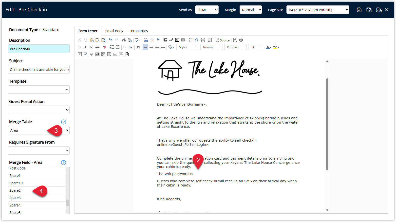Annotated screenshot of the Edit Form Letter screen in RMS highlighting the Area Merge Table and the Merge Field list