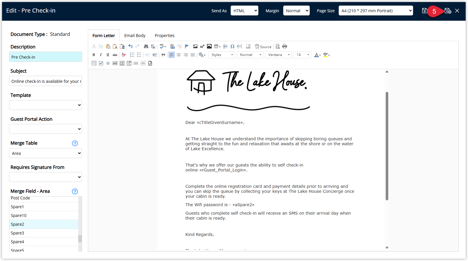 Annotated screenshot of the Edit Form Letter screen in RMS highlighting the Save/Exit icon