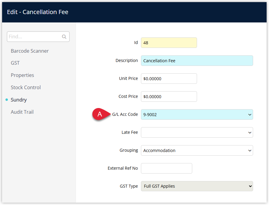 Annotated screenshot of the Edit Sundry screen in RMS for the Cancellation Fee showing the G/L Acc Code set to 9-9002