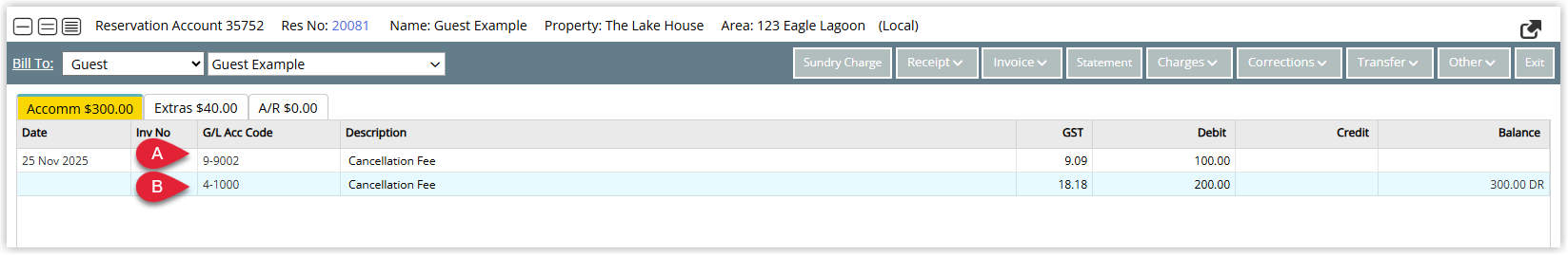 Annotated screenshot of the Reservation Account screen in RMS showing two Cancellation Fee charges posted under different G/L Account Codes, 9-9002 and 4-1000