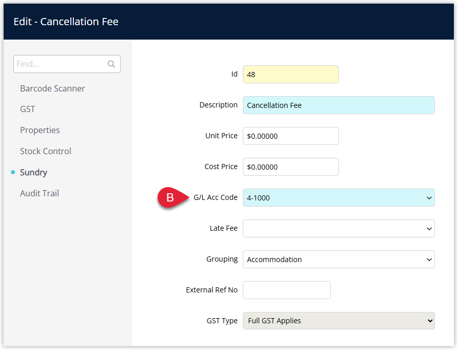 Annotated screenshot of the Edit Sundry screen in RMS for the Cancellation Fee showing the G/L Acc Code changed to 4-1000