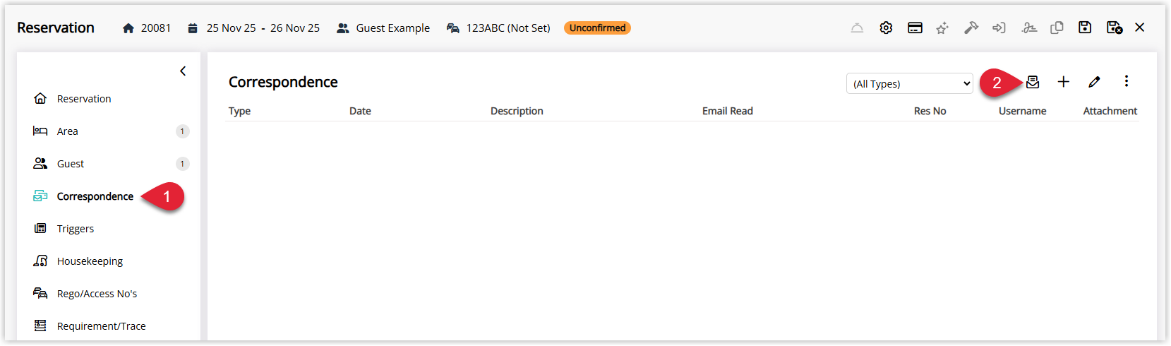 Screenshot of a reservation in RMS with the Correspondence tab selected and the Send Out button highlighted to start sending a merged Form Letter.