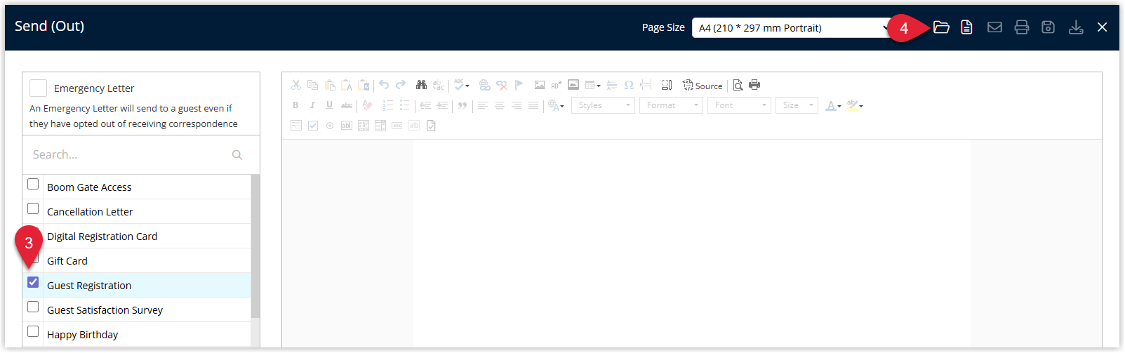 Screenshot of the Correspondence Send Out window in RMS showing a list of available Form Letters with one or more selected and an Emergency Form Letter checkbox option before selecting Open.