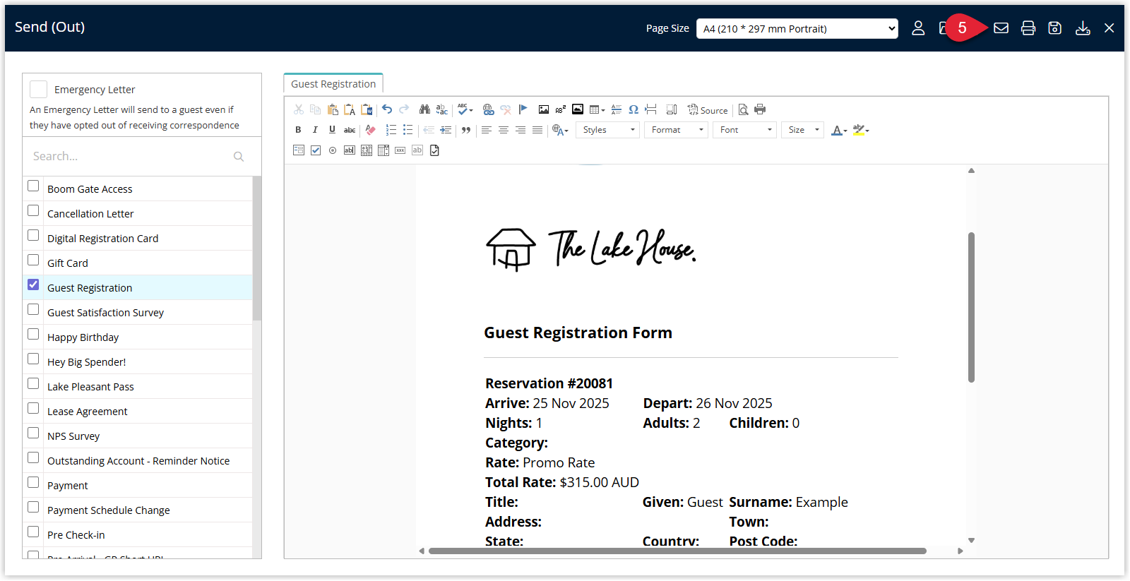 Screenshot of the Form Letter delivery options in RMS showing Email selected as the send method, with an Email All icon available to send multiple merged Form Letters in a single email.