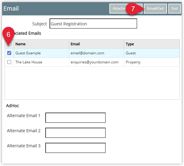 Screenshot of the Form Letter email screen in RMS showing recipient checkboxes for guests, fields for alternate email addresses and the Email/Exit button to send the correspondence and close.