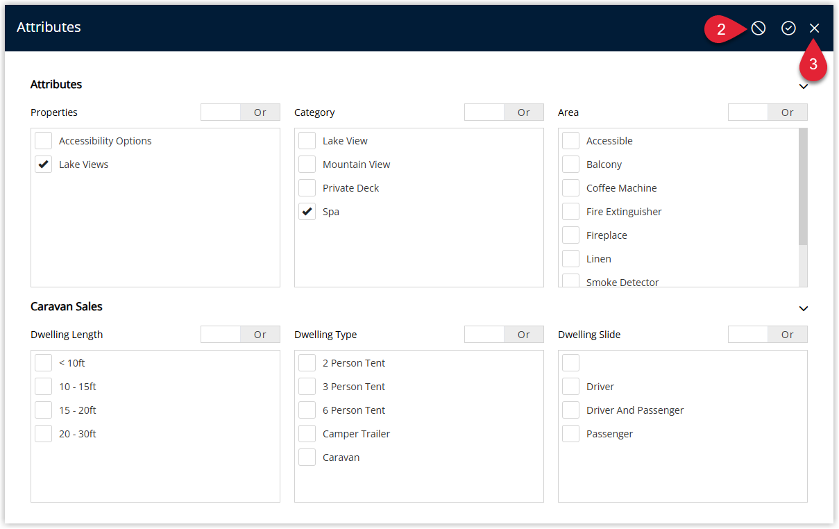 Annotated screenshot of the Booking Chart Attributes filter panel in RMS with the clear attributes icon highlighted