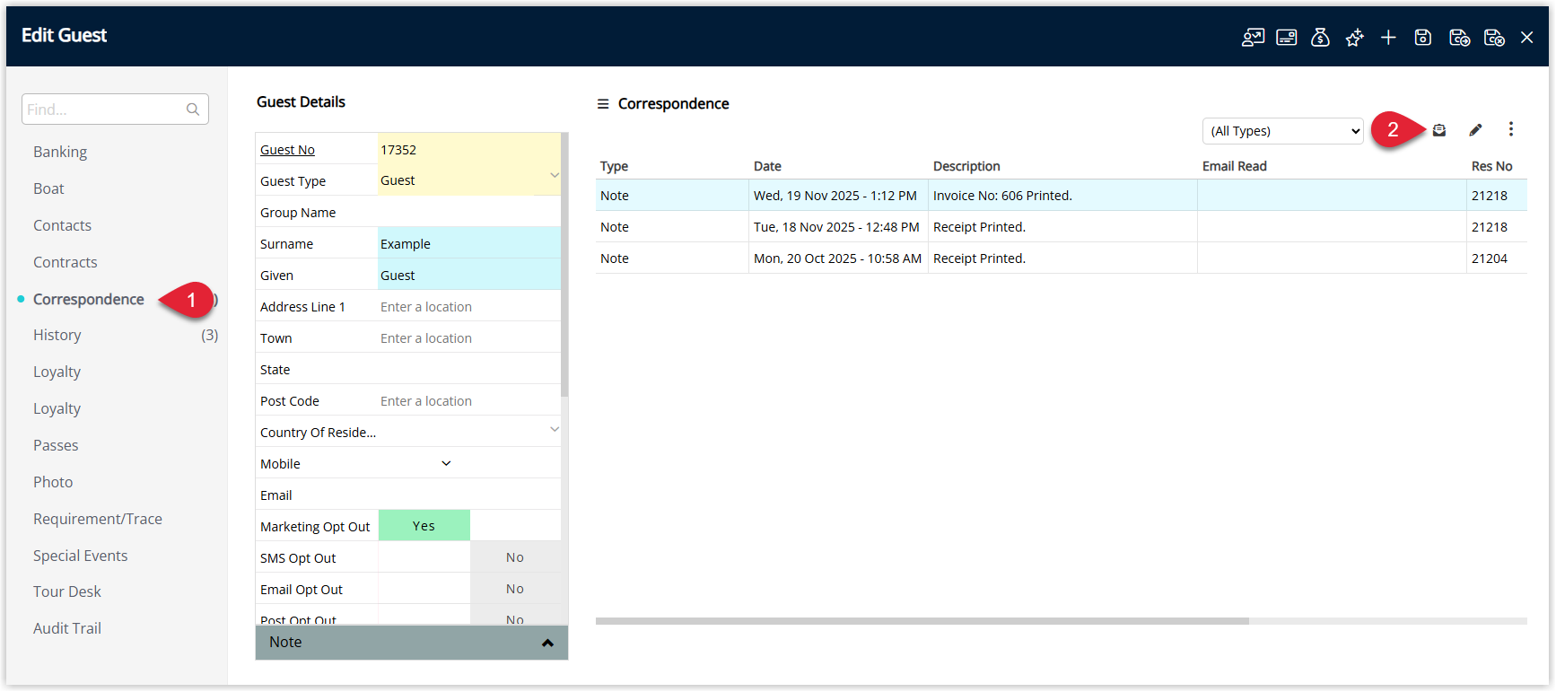 Screenshot of a Guest Profile in RMS with the Correspondence tab selected and the Send Out option highlighted to start sending a merged Form Letter.