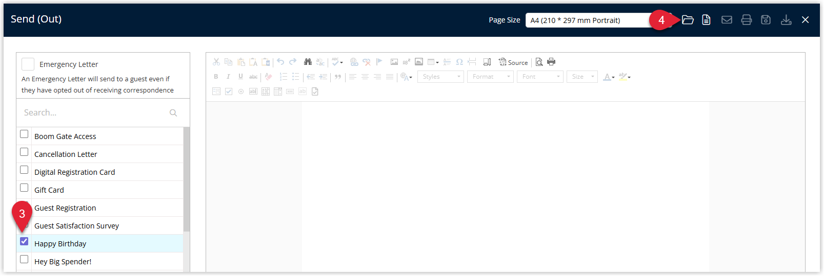 Screenshot of the Correspondence Send Out window in RMS showing a list of available Form Letters with one Form Letter selected and the Open button highlighted.