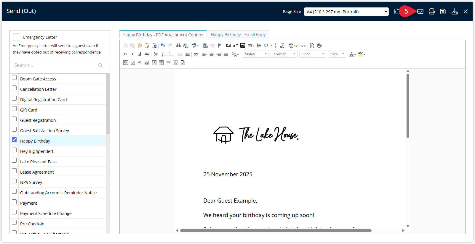 Screenshot of the Form Letter send options in RMS with Email selected as the delivery method for the merged Form Letter.