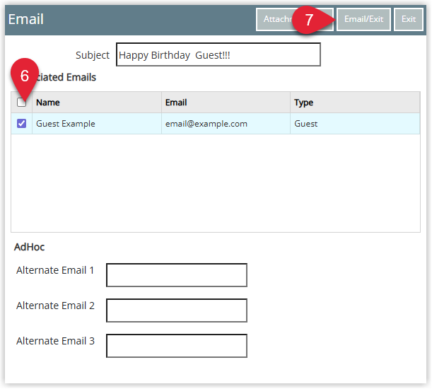 Screenshot of the Form Letter email screen in RMS showing checkboxes to select guest recipients, fields for up to three alternate email addresses and the Email/Exit button to send the correspondence and close.