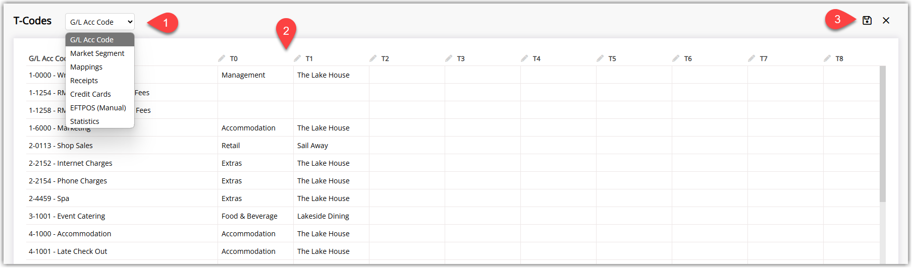 RMS T-Codes setup screen with T-Code Type set to Xero Online, showing the T-0 column populated with custom Memo text for multiple codes, and the Save button highlighted to store the memo values that will appear in the Xero Online Memo field on financial exports.