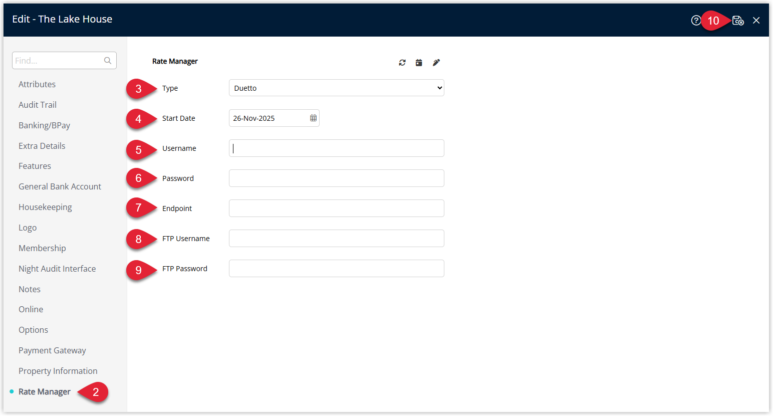 Property Information detail screen on the Rate Manager tab showing Rate Manager Type set to Duetto, a Start Date field, and input fields for Duetto Username, Password, Endpoint, FTP Username and FTP Password, with a Save/Exit button to store the Duetto settings