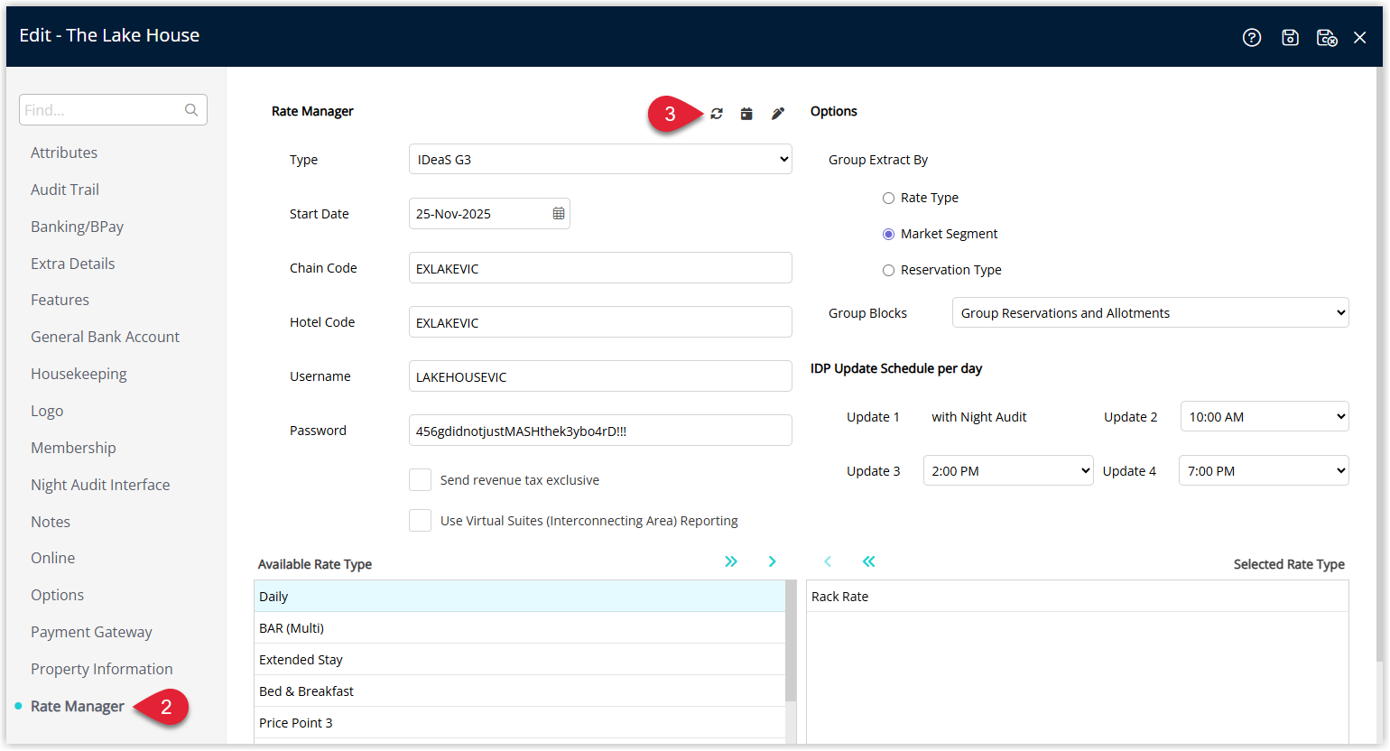 Property Information detail screen on the Rate Manager tab showing revenue management settings and a Re-Sync All Rate Manager Data button to resend reservation and rate data to the third-party revenue management system
