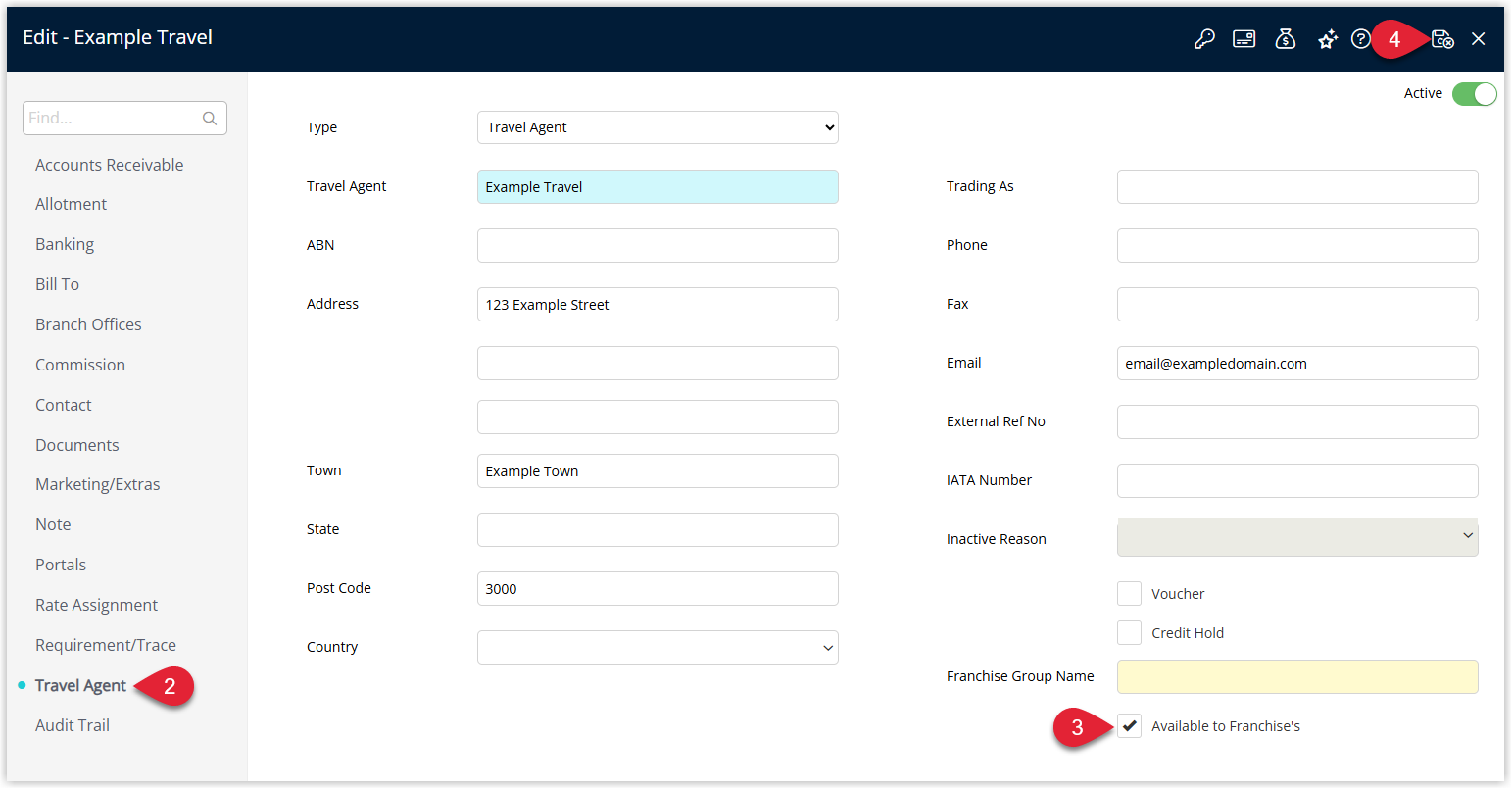 Annotated screenshot of the Edit Travel Agent screen in RMS with the Available to Franchises option enabled