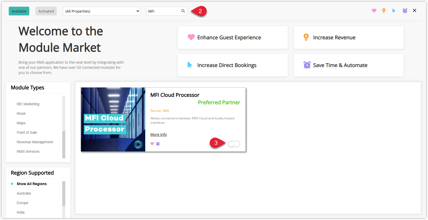 RMS Module Market screen with the MFI Cloud Processor module listed and its Active toggle switched on to enable the Multi-Function Interface for the property.