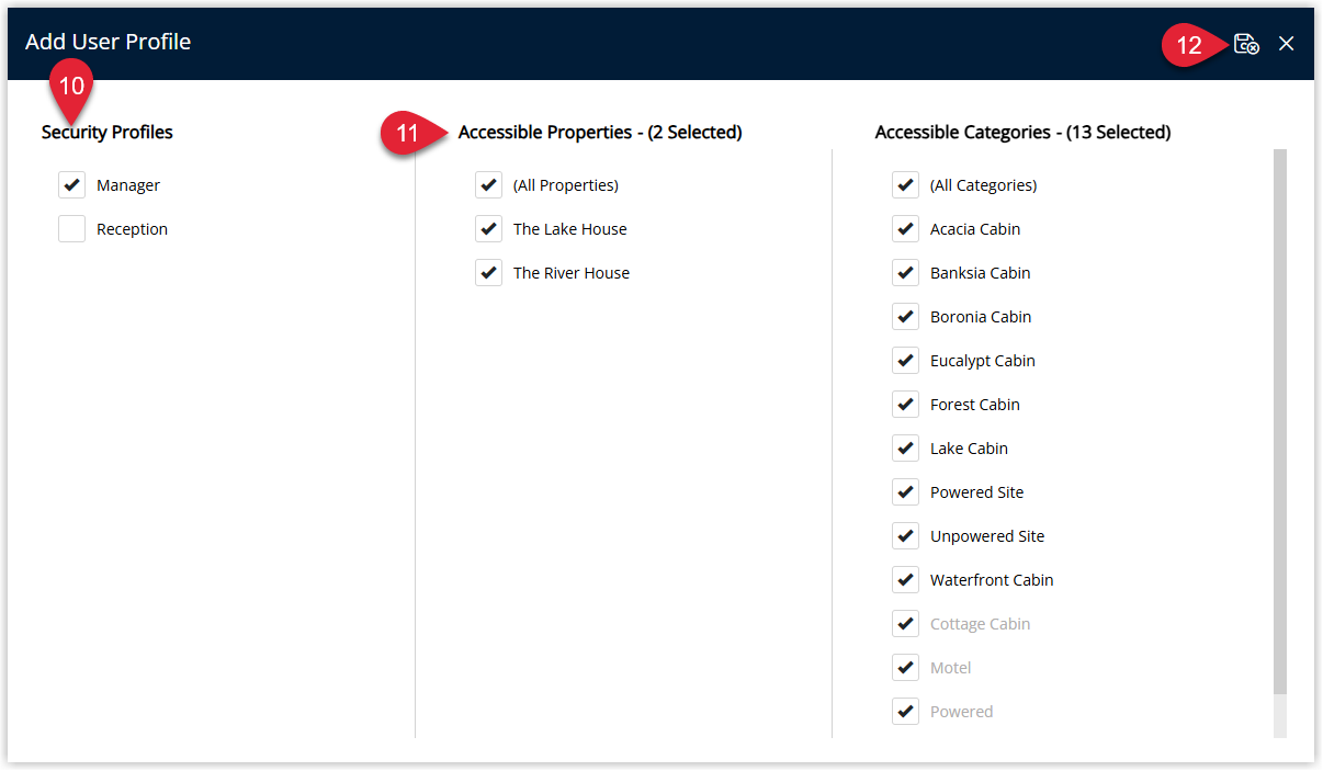 User Profile configuration dialog in RMS showing a Security Profile dropdown with a profile selected and a list or checklist of Properties from the user’s Franchise Group marked as selected, with a Save/Exit button to confirm the assigned access