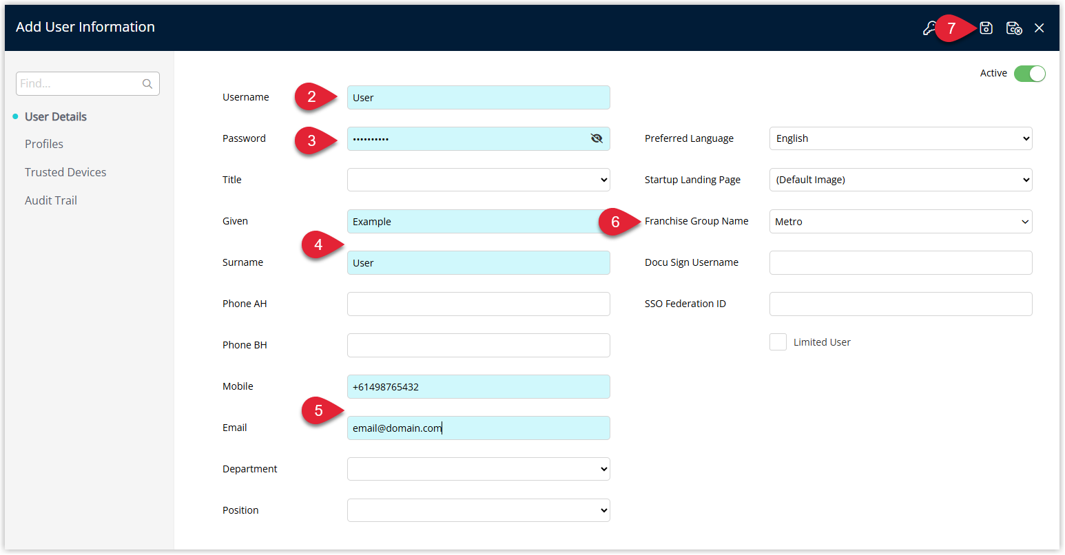 User Information window in RMS showing a new user being created with fields for Username, Password, Given Name, Surname, Mobile and Email completed, and a Franchise Group Name dropdown with a franchise selected before clicking Save