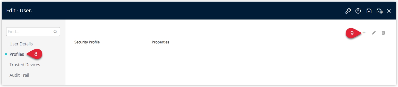 User Information screen in RMS on the Profiles tab for the selected user, displaying an empty or existing list of profiles and an Add button highlighted to assign a new Security Profile