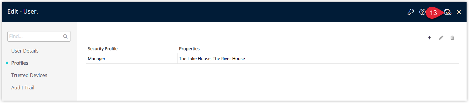 User Information window in RMS displaying the completed user record with Franchise Group and at least one Security Profile configured on the Profiles tab, and the Save/Exit button highlighted to finalise creation of the franchise user