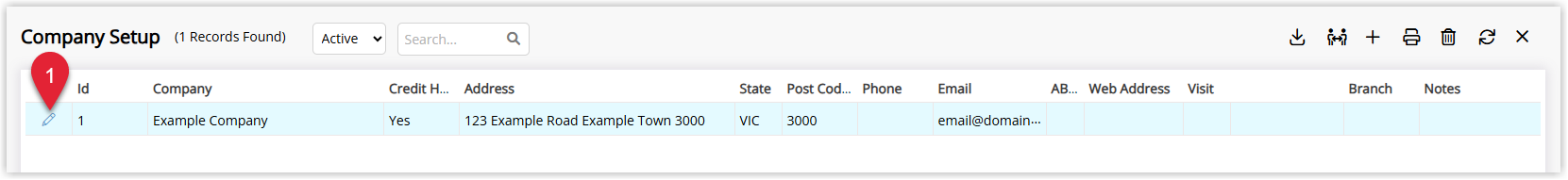 Annotated screenshot of the Company Setup list in RMS with the edit icon highlighted on the company row