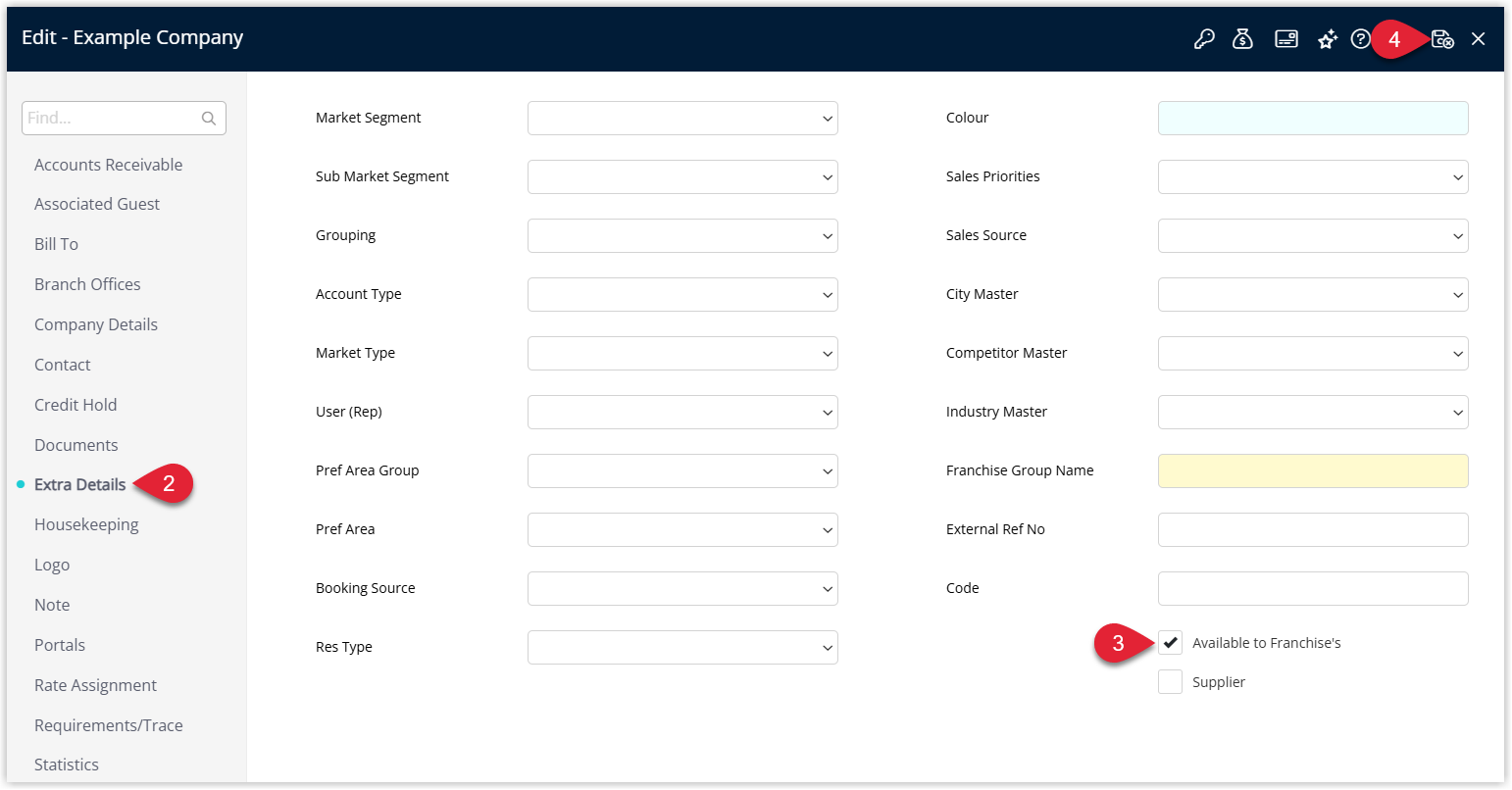 Annotated screenshot of the Company Extra Details tab in RMS with the Available to Franchises option enabled