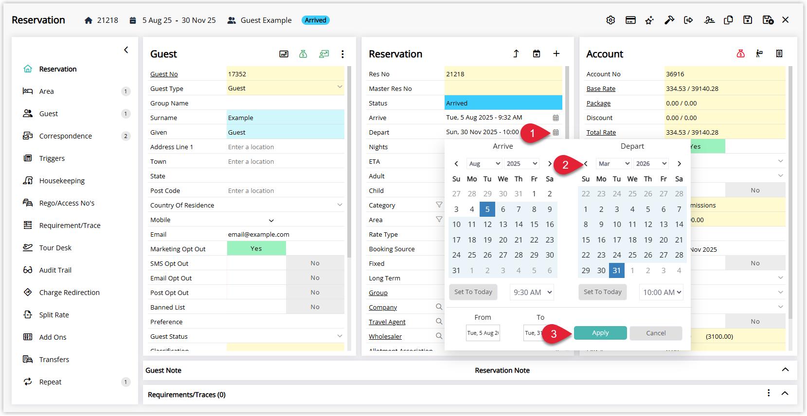Reservation screen in RMS with the Depart date field opened in a date picker, showing a new departure date selected and an Apply button
