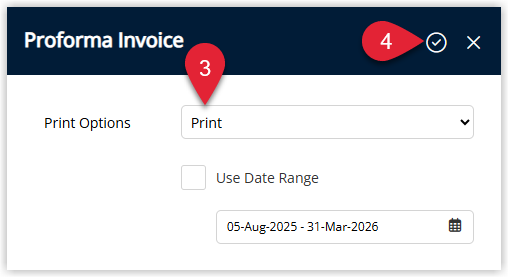 Screenshot of the Proforma Invoice print options window in RMS showing settings such as Use Date Range with from and to date fields and the Apply button.