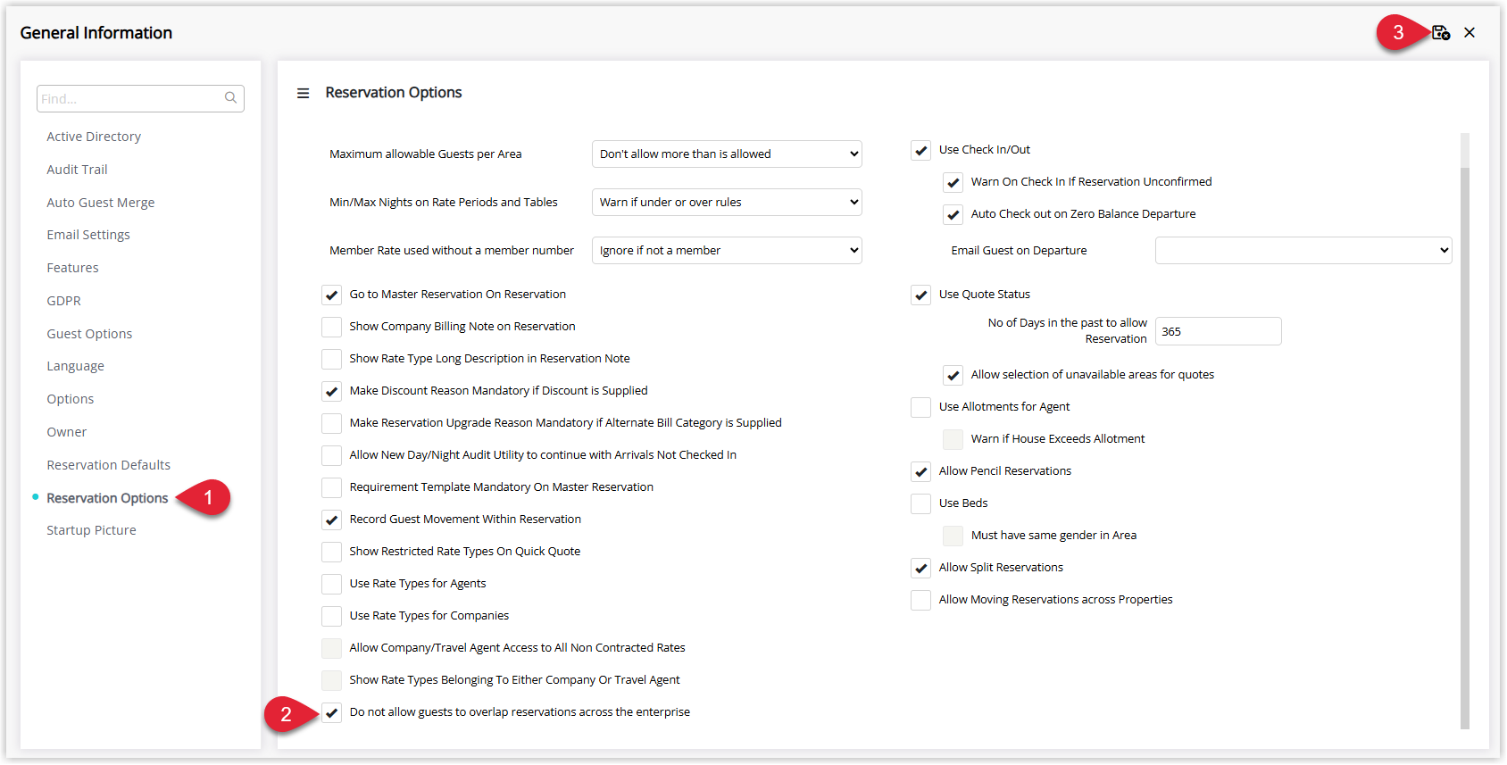 RMS General Information setup screen on the Reservation Options tab, showing various reservation-related checkboxes with ‘Do not allow guests to overlap reservations across the enterprise’ selected, and the Save/Exit button chosen to apply the overlapping restriction.