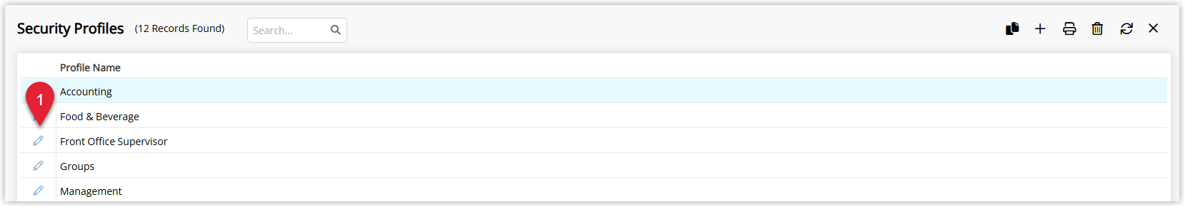 RMS Security Profiles list screen showing multiple profiles by name and description, with the Edit option selected on one profile to adjust permissions related to overlapping reservations.