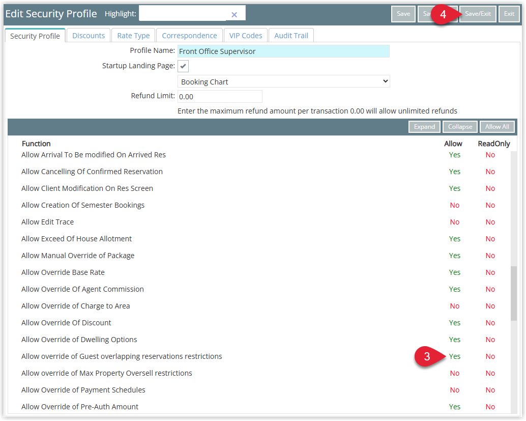 RMS Security Profile edit window showing the permission ‘Override of Guest Overlapping Reservation Restrictions’ enabled within the Reservation Screens section, with the Save/Exit button chosen to grant this override ability to users with the profile.