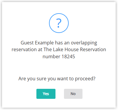 Reservation screen in RMS displaying a warning message indicating that the guest already holds an overlapping reservation across the enterprise, with an option for authorised users to override the overlapping reservation restriction.