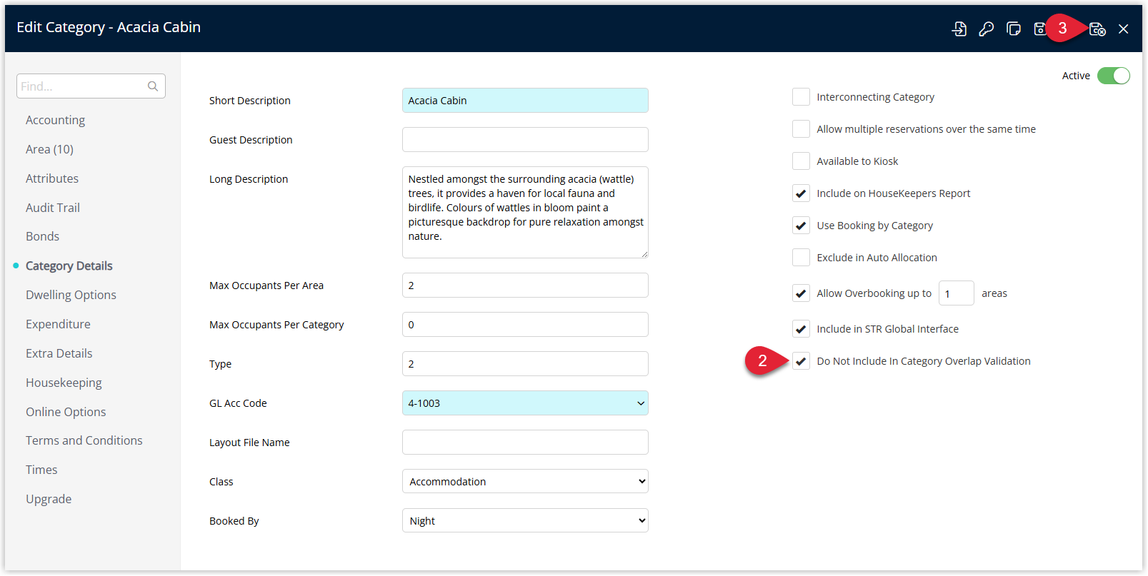RMS Category edit window showing options for the selected category, including the checkbox ‘Do Not Include in Category Overlap Validation’ ticked to exclude this category from overlap rules, with the Save/Exit button chosen to save the change.