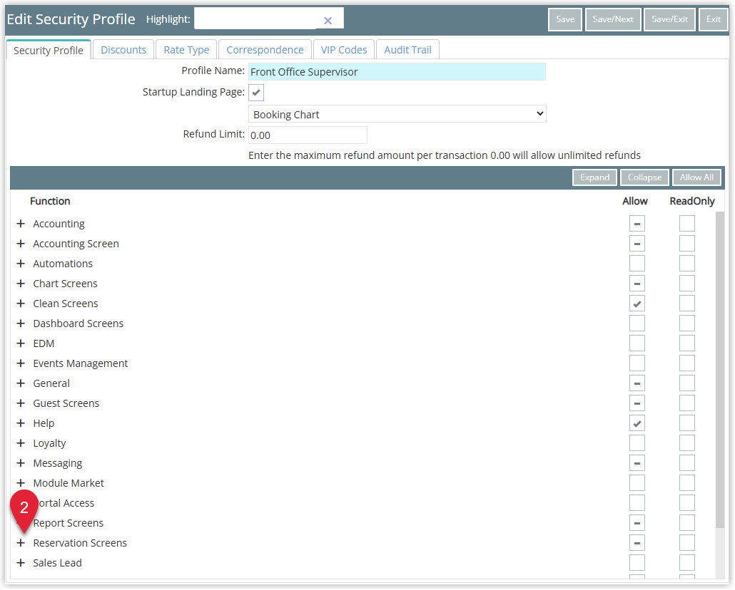 RMS Security Profile edit window with the Reservation Screens section expanded, displaying a list of reservation-related permissions ready for configuration.