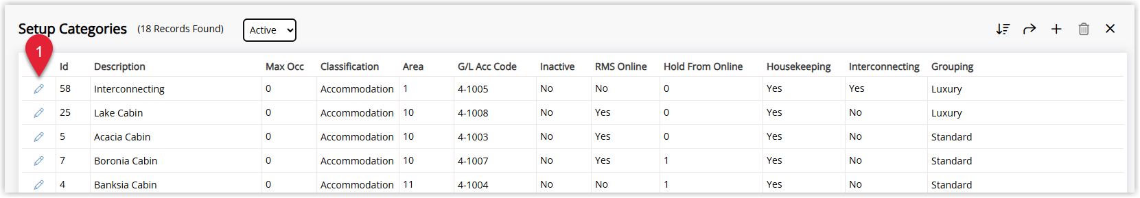 RMS Category/Area setup screen listing categories with the Interconnecting Master Category selected and the Edit button clicked to open its details.