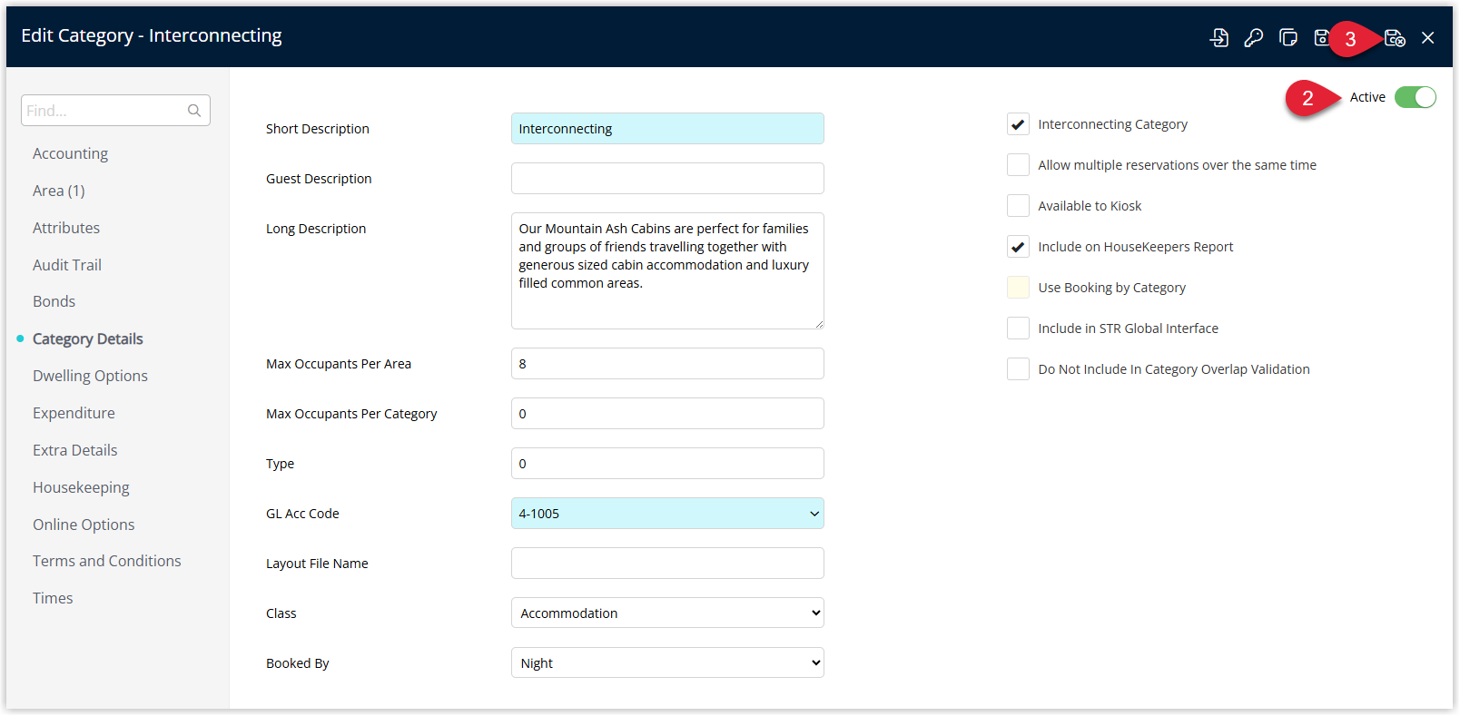 RMS Interconnecting Category details window showing the Active toggle turned off to make the category inactive, with the Save/Exit button selected so the Interconnecting Master Areas are no longer available for booking.