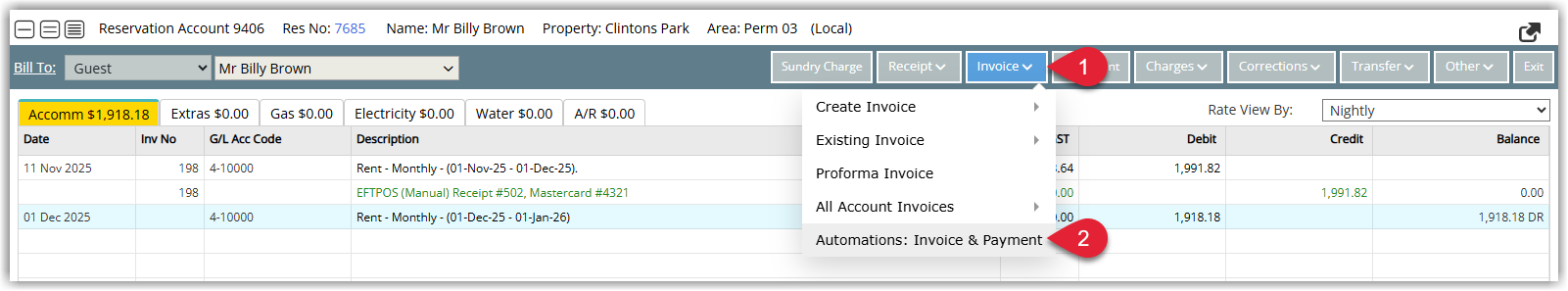Reservation Account screen in RMS showing the Invoice button clicked and a dropdown or menu with the option "Automations: Invoice & Payments" highlighted to create an automated invoicing and payments schedule