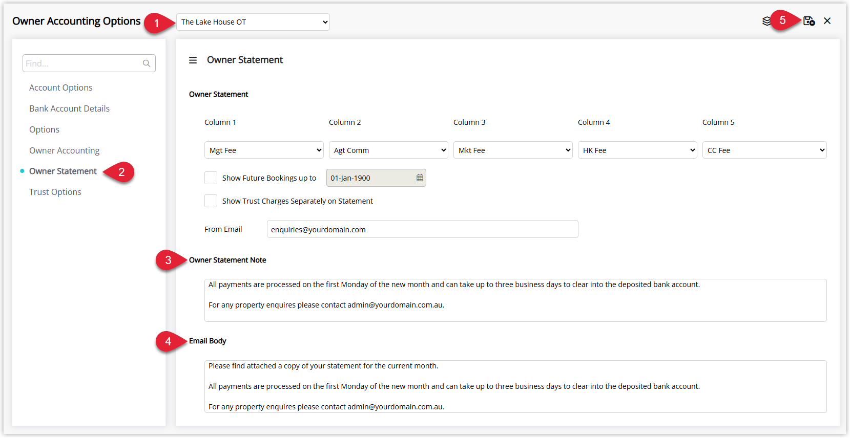 Annotated screenshot of the Owner Accounting Options screen in RMS on the Owner Statement tab with the property selector, Owner Statement Note field, Email Body field and Save icon highlighted
