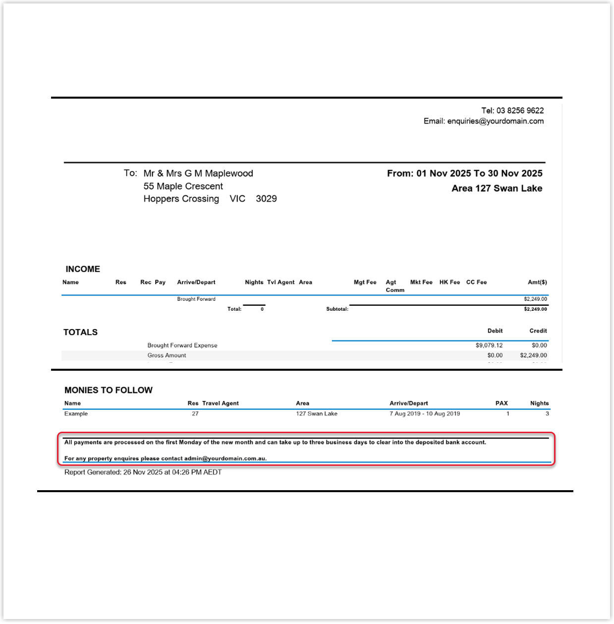Annotated screenshot of a sample Owner Statement in RMS with the custom note text highlighted