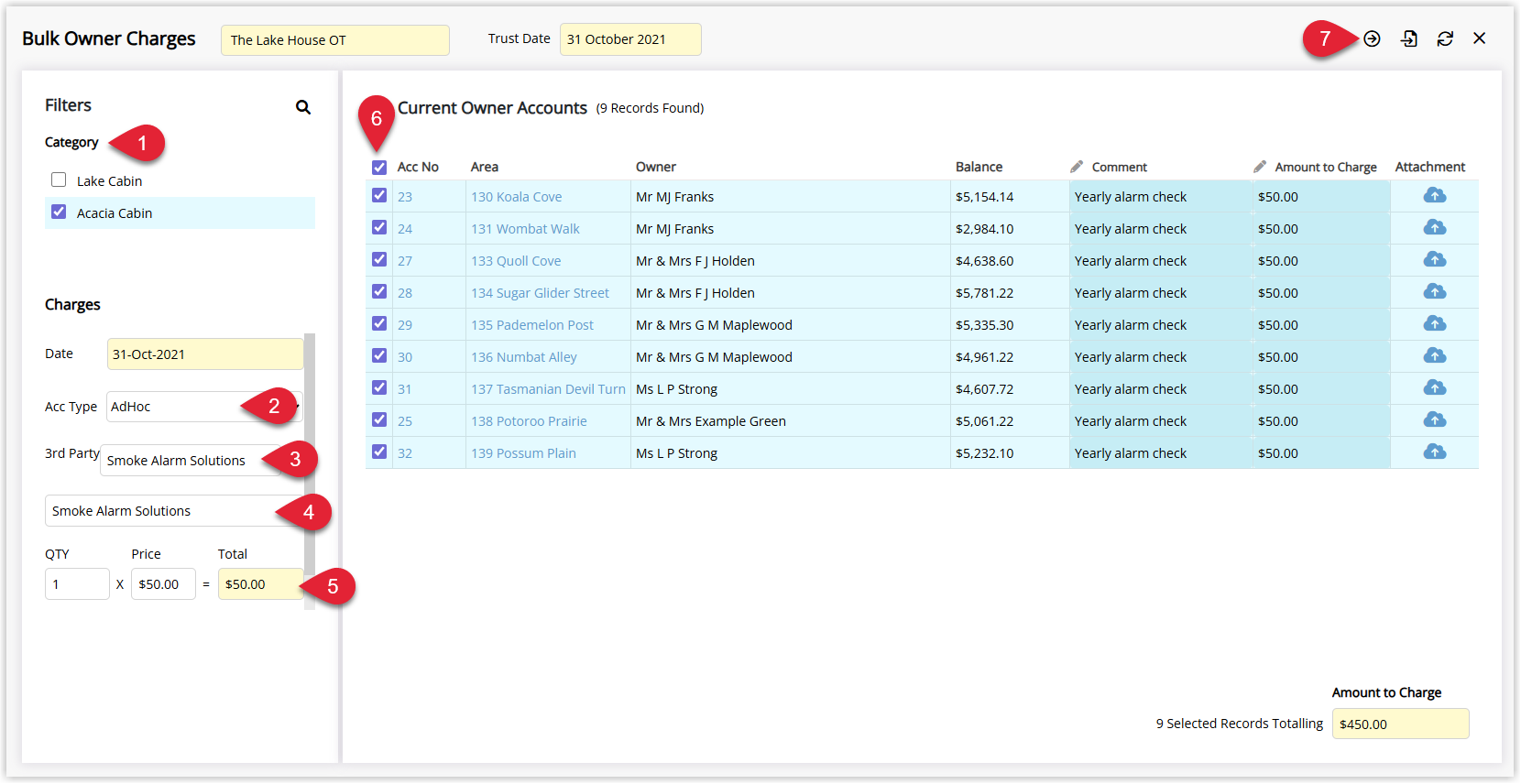 RMS Bulk Owner Charges screen showing Categories selected, Account Type set to AdHoc, a Third Party and Third Party Charge chosen, Quantity and Unit Price entered, and multiple Owned Areas ticked, with the Process button highlighted to apply the Third Party Charge in bulk.