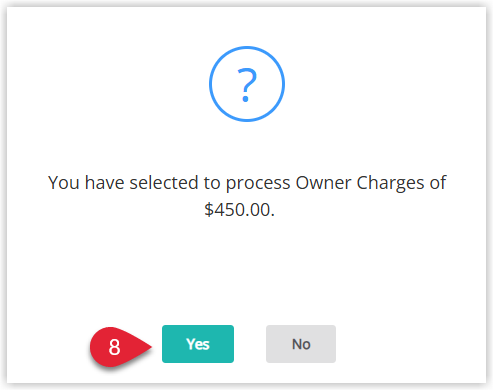 RMS confirmation dialog asking to confirm processing Bulk Owner Charges, with a message indicating that the Third Party Charge will be applied to the AdHoc accounts for the selected Owned Areas and the Yes button highlighted to proceed.