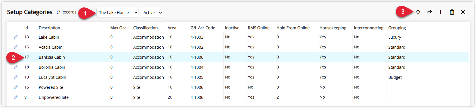 Categories/Areas setup screen in RMS showing a Property selected, a list of Categories for that property with one category highlighted, and a Move button to transfer the category to another property