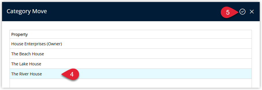 Move Category dialog displaying the selected category name and a Destination Property dropdown, with a Move/Exit button to confirm moving the category to the chosen property