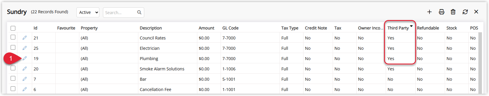RMS Sundry setup list showing multiple Sundry Charge records with one Third Party Charge highlighted and the Edit option selected to open its configuration.